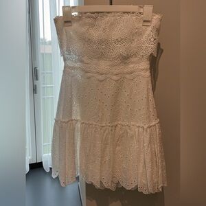 MABLE White Eyelet Lace Strapless Mini Dress - Size S - Tiered Ruffle Scalloped